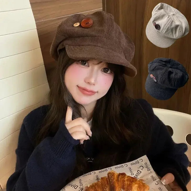 Vintage Corduroy Beret Hat For Women Korean Button Octagonal Cap Autumn Winter Painter Artist Hats Japanese Brown Peaked Caps
