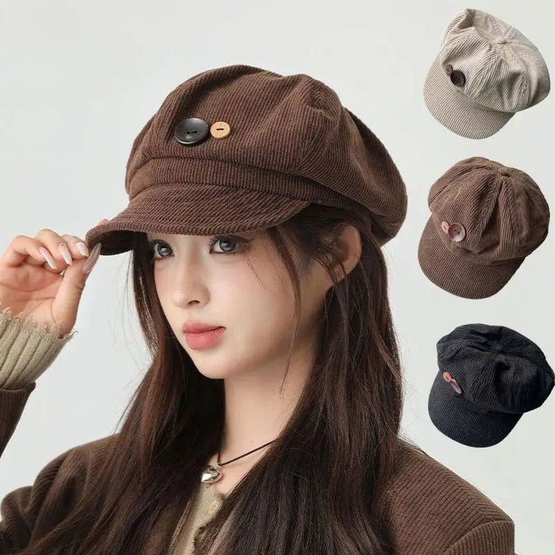 Vintage Corduroy Beret Hat For Women Korean Button Octagonal Cap Autumn Winter Painter Artist Hats Japanese Brown Peaked Caps