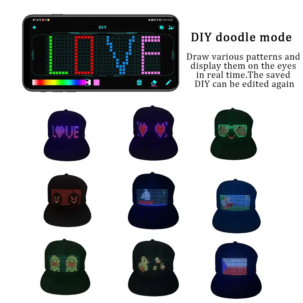 LED Hat with APP Control Programmable DIY Editable (Text, Music, Image, Drawing) Cool Light Up Baseball Cap For Men Women